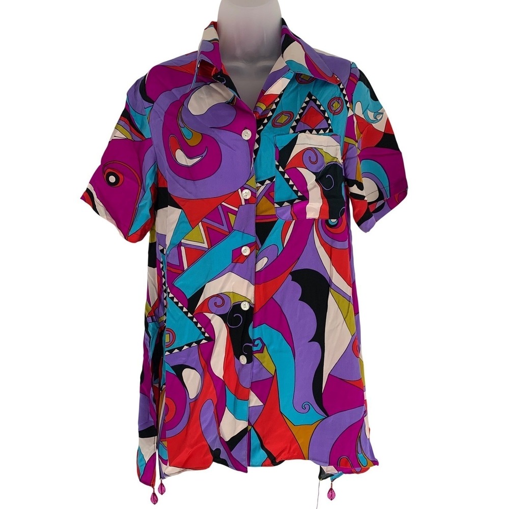 Diane Freis Vintage Silk Blouse S Multicolor Abstract Art Print Button Front